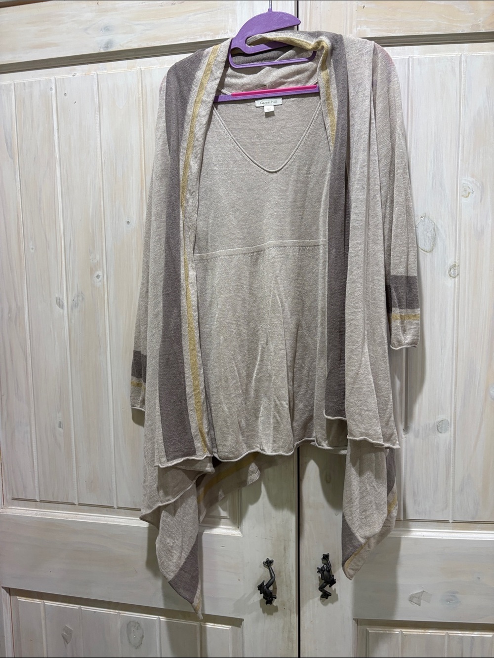 Garnet Hill Beige, Taupe & Gold-Trim Open-Front Linen Draped Cardigan and Tank